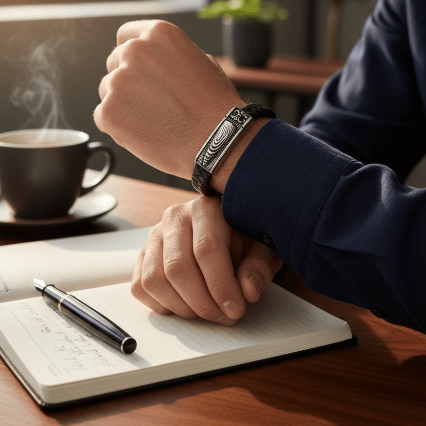Person writing in a notebook with a cup of coffee and plant in the background