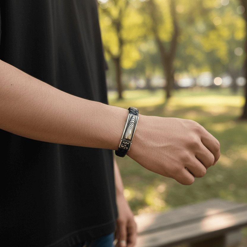 Person wearing a bracelet in a park setting