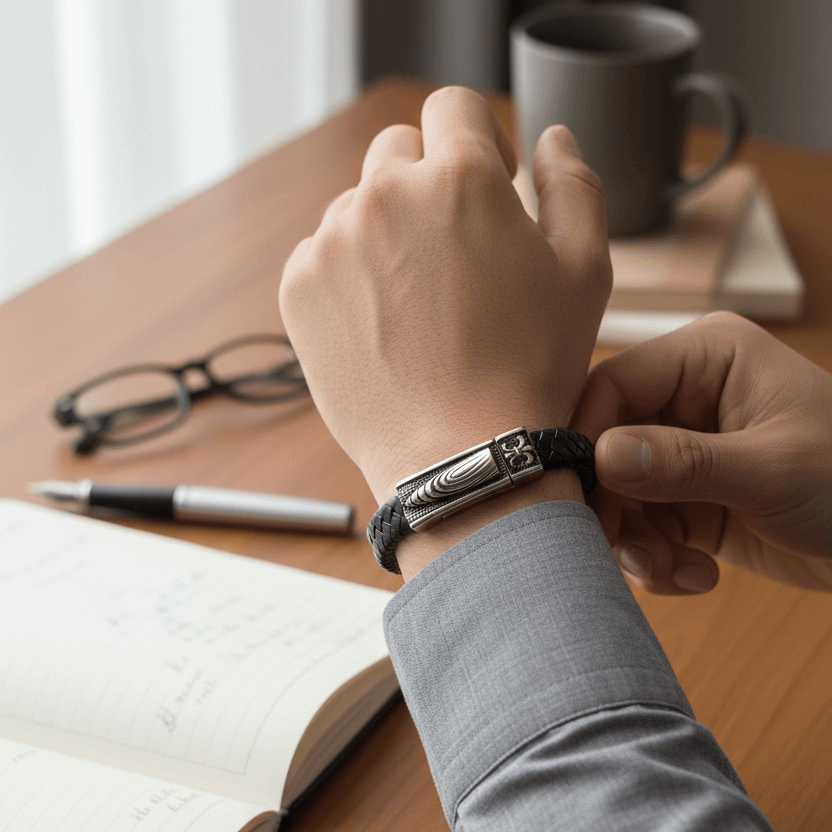 Person adjusting a bracelet on their wrist with a desk and notebook in the background
